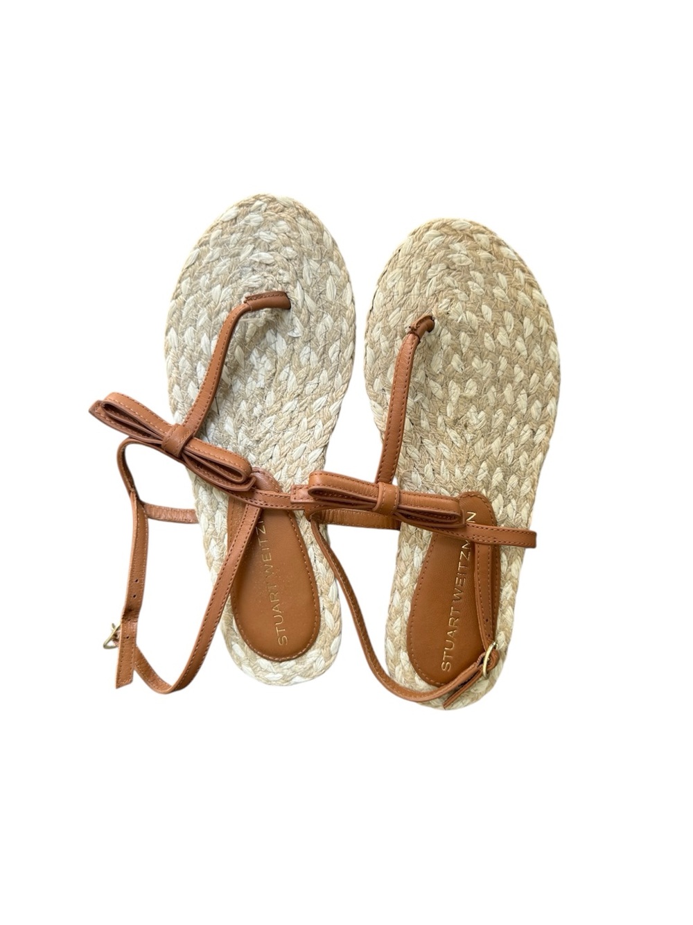 Stuart Weitzman Felicity Bow Espadrille Flat Sandals Leather Raffia Jute 6.5